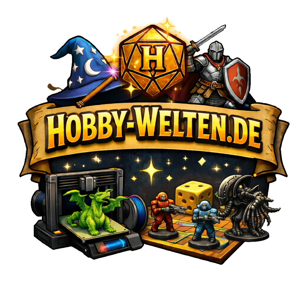 Hobby-Welten Logo mit Würfel, Zauberhut, Ritter, 3D-Drucker, Spielfiguren und Brettspiel